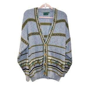 Vintage 80s 90s Men's Funky Cardigan Grandpa Geometric Blue Abstract 48/50